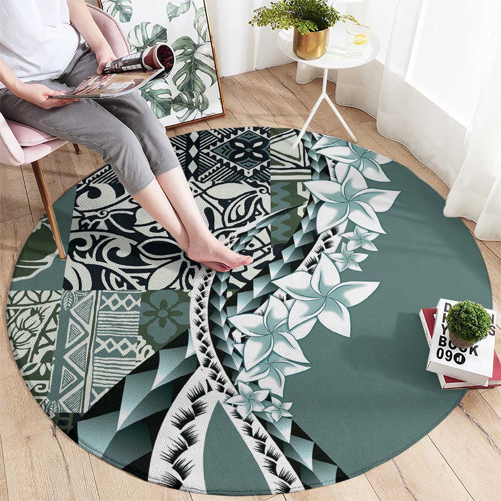 Aloha Vintage Plumeria Hawaiian Tapa Pattern Round Carpet Dark Turquoise Hawaiian Tapa Pattern - Polynesian Pride