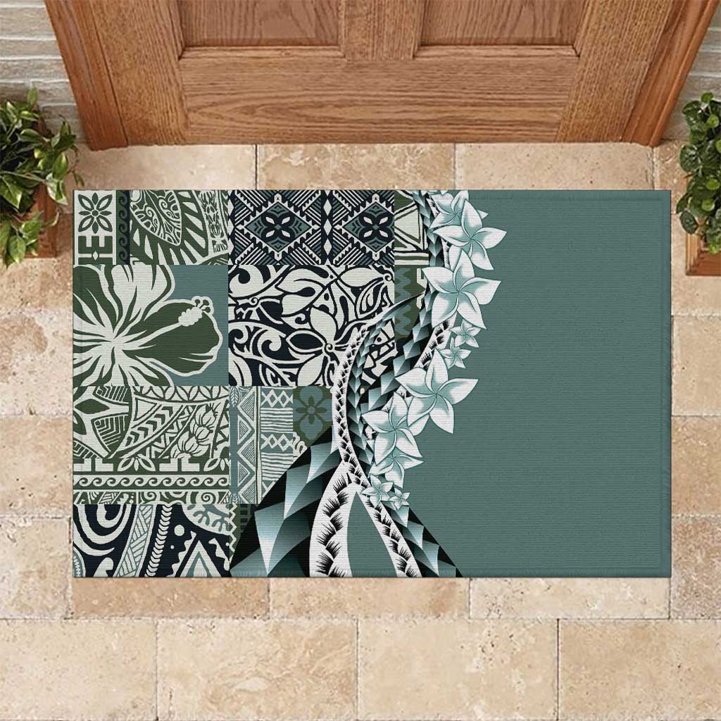 Aloha Vintage Plumeria Hawaiian Tapa Pattern Rubber Doormat Dark Turquoise Hawaiian Tapa Pattern - Polynesian Pride
