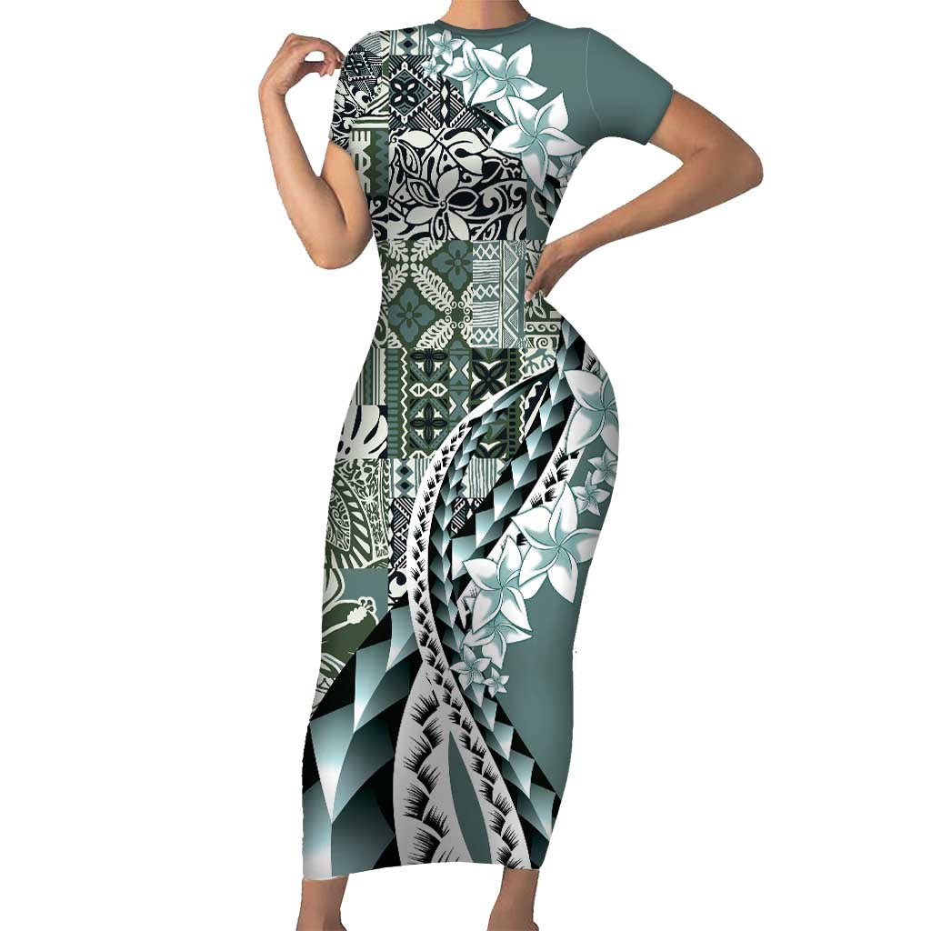 Aloha Vintage Plumeria Hawaiian Tapa Pattern Short Sleeve Bodycon Dress Dark Turquoise Hawaiian Tapa Pattern - Polynesian Pride
