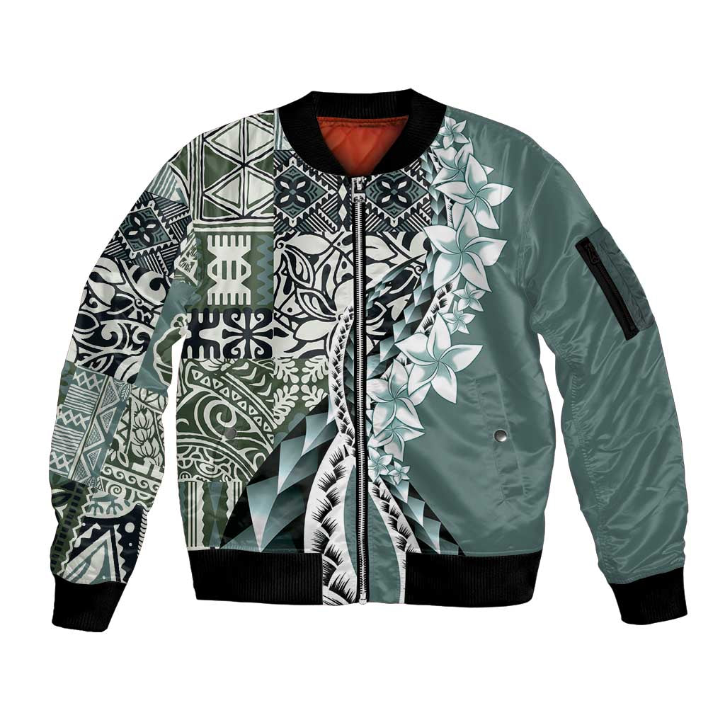Aloha Vintage Plumeria Hawaiian Tapa Pattern Sleeve Zip Bomber Jacket Dark Turquoise Hawaiian Tapa Pattern LT9 Unisex Turquoise - Polynesian Pride