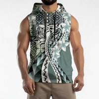 Aloha Vintage Plumeria Hawaiian Tapa Pattern Sleeveless Hoodie Dark Turquoise Hawaiian Tapa Pattern - Polynesian Pride