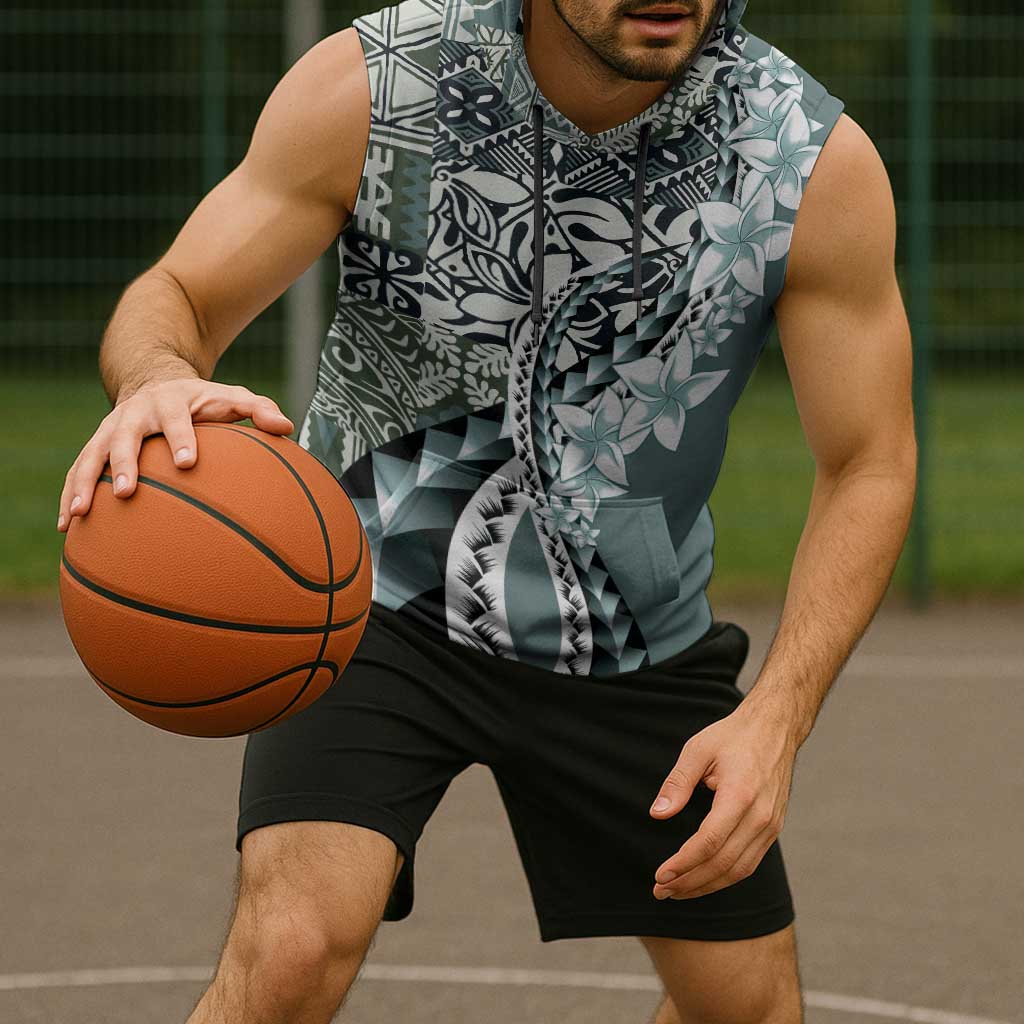 Aloha Vintage Plumeria Hawaiian Tapa Pattern Sleeveless Hoodie Dark Turquoise Hawaiian Tapa Pattern - Polynesian Pride