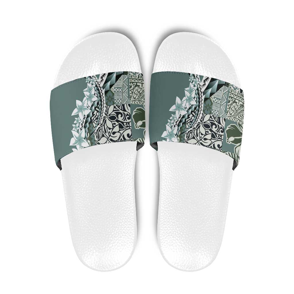 Aloha Vintage Plumeria Hawaiian Tapa Pattern Slide Sandals Dark Turquoise Hawaiian Tapa Pattern - Polynesian Pride