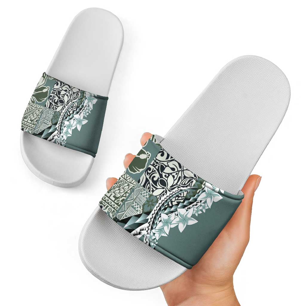 Aloha Vintage Plumeria Hawaiian Tapa Pattern Slide Sandals Dark Turquoise Hawaiian Tapa Pattern - Polynesian Pride