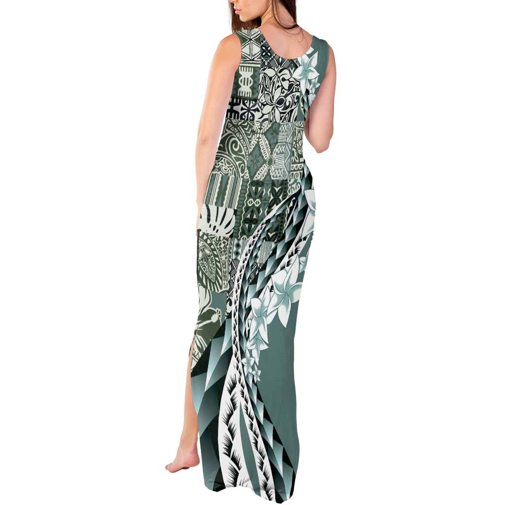 Aloha Vintage Plumeria Hawaiian Tapa Pattern Tank Maxi Dress Dark Turquoise Hawaiian Tapa Pattern - Polynesian Pride