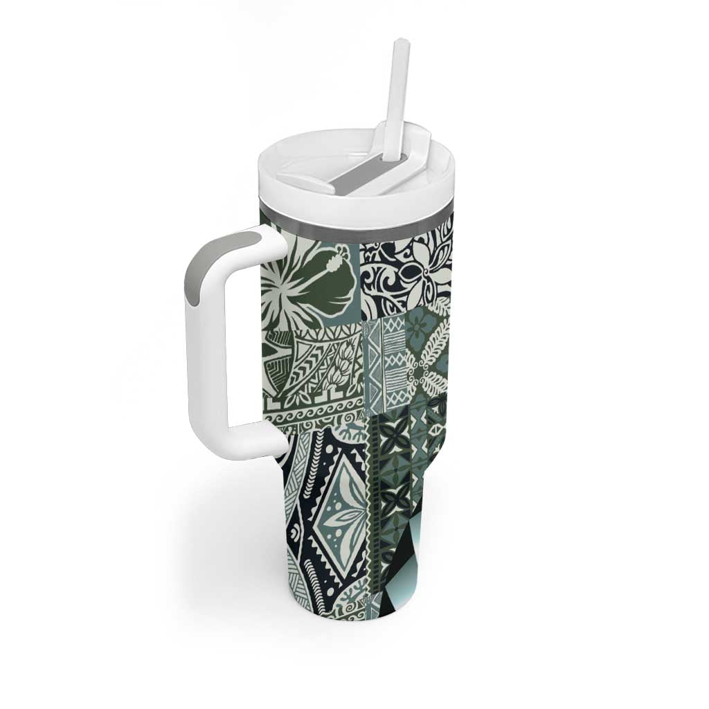 Aloha Vintage Plumeria Hawaiian Tapa Pattern Tumbler With Handle Dark Turquoise Hawaiian Tapa Pattern - Polynesian Pride