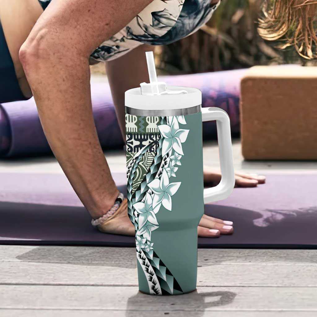 Aloha Vintage Plumeria Hawaiian Tapa Pattern Tumbler With Handle Dark Turquoise Hawaiian Tapa Pattern - Polynesian Pride