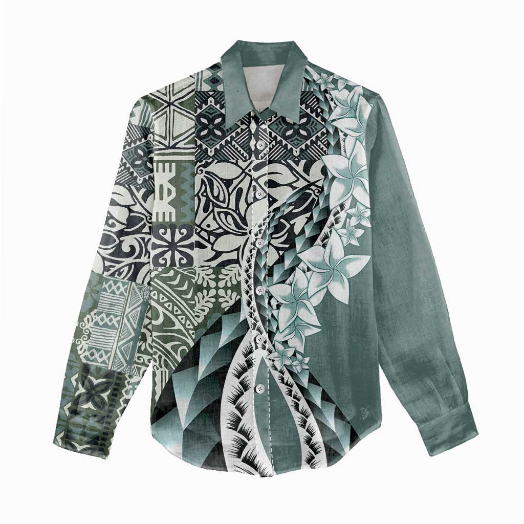 Aloha Vintage Plumeria Hawaiian Tapa Pattern Women Casual Shirt Dark Turquoise Hawaiian Tapa Pattern - Polynesian Pride