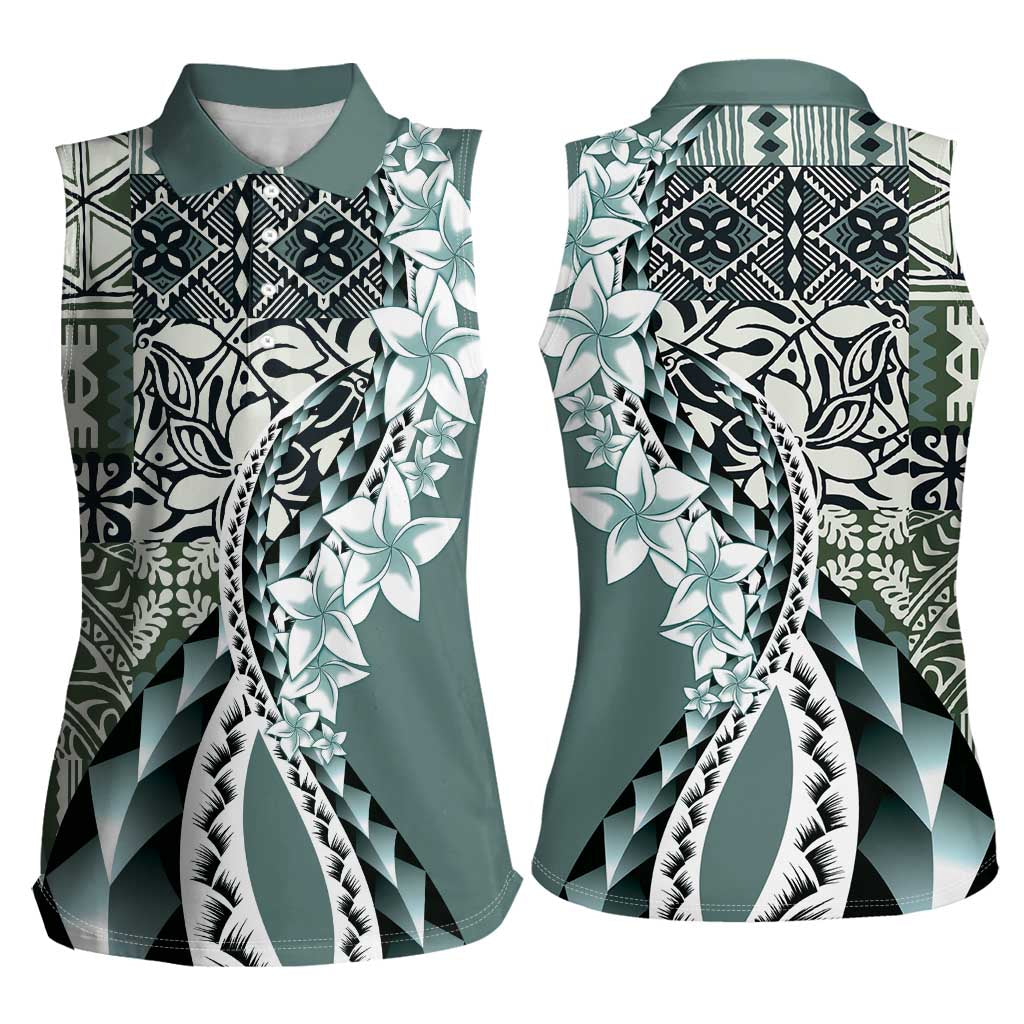 Aloha Vintage Plumeria Hawaiian Tapa Pattern Women Sleeveless Polo Shirt Dark Turquoise Hawaiian Tapa Pattern - Polynesian Pride