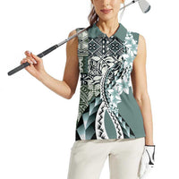 Aloha Vintage Plumeria Hawaiian Tapa Pattern Women Sleeveless Polo Shirt Dark Turquoise Hawaiian Tapa Pattern - Polynesian Pride