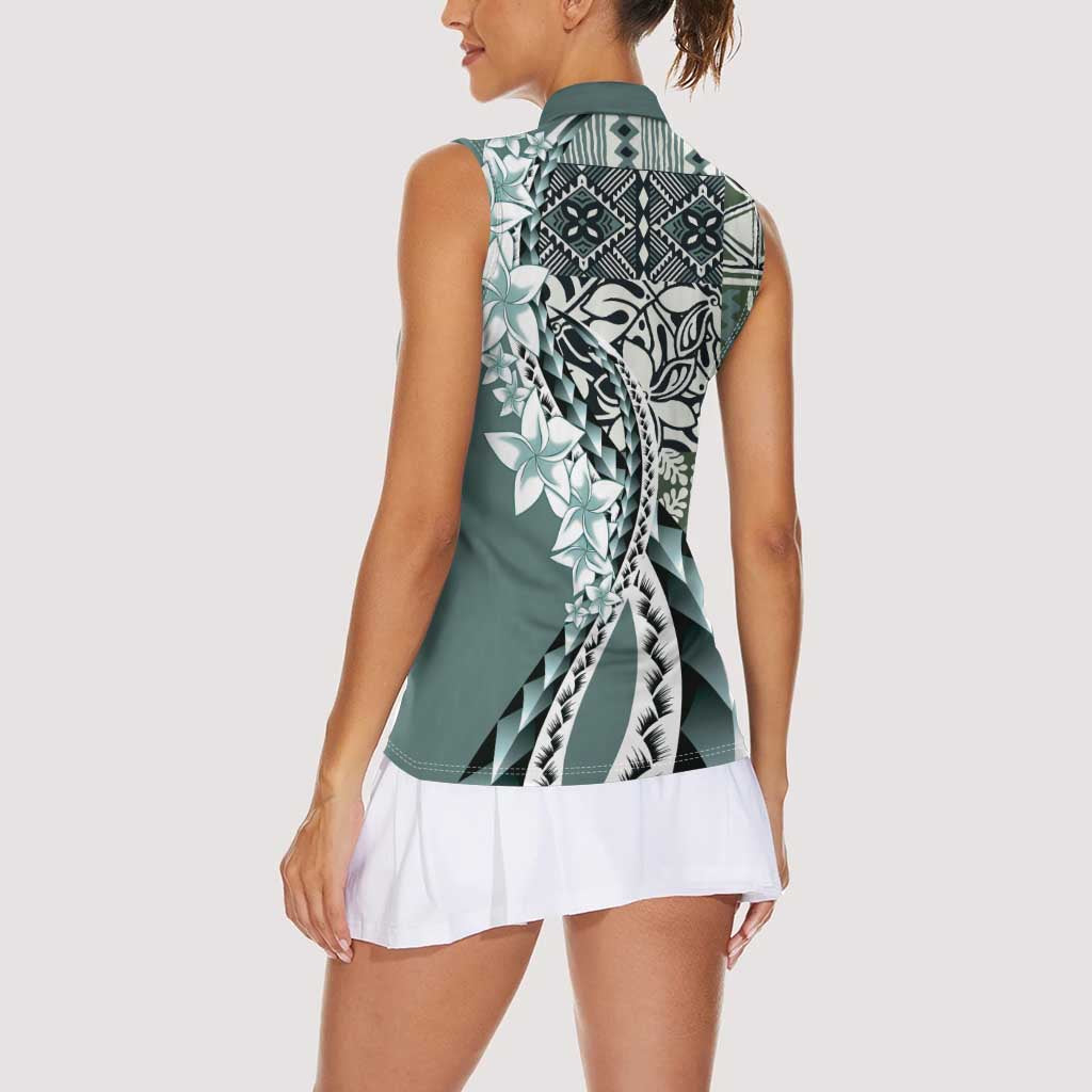 Aloha Vintage Plumeria Hawaiian Tapa Pattern Women Sleeveless Polo Shirt Dark Turquoise Hawaiian Tapa Pattern - Polynesian Pride