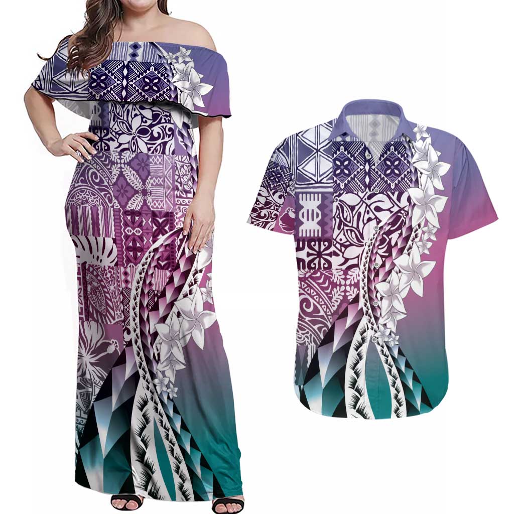 Aloha Vintage Plumeria Hawaiian Tapa Pattern Couples Matching Off Shoulder Maxi Dress and Hawaiian Shirt Gradient Hawaiian Tapa Pattern - Polynesian Pride