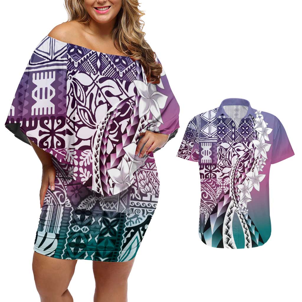 Aloha Vintage Plumeria Hawaiian Tapa Pattern Couples Matching Off Shoulder Short Dress and Hawaiian Shirt Gradient Hawaiian Tapa Pattern - Polynesian Pride