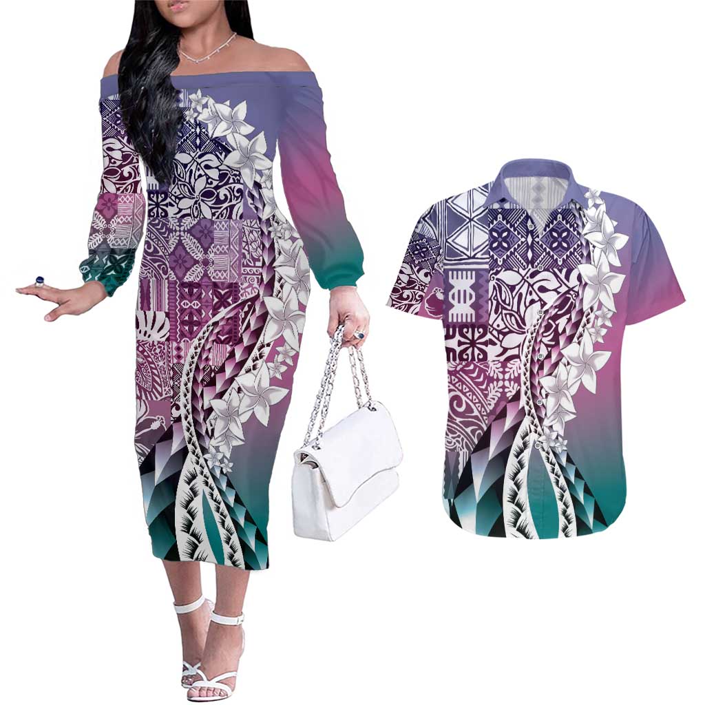 Aloha Vintage Plumeria Hawaiian Tapa Pattern Couples Matching Off The Shoulder Long Sleeve Dress and Hawaiian Shirt Gradient Hawaiian Tapa Pattern - Polynesian Pride