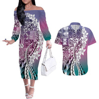 Aloha Vintage Plumeria Hawaiian Tapa Pattern Couples Matching Off The Shoulder Long Sleeve Dress and Hawaiian Shirt Gradient Hawaiian Tapa Pattern - Polynesian Pride