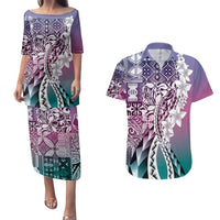 Aloha Vintage Plumeria Hawaiian Tapa Pattern Couples Matching Puletasi and Hawaiian Shirt Gradient Hawaiian Tapa Pattern - Polynesian Pride