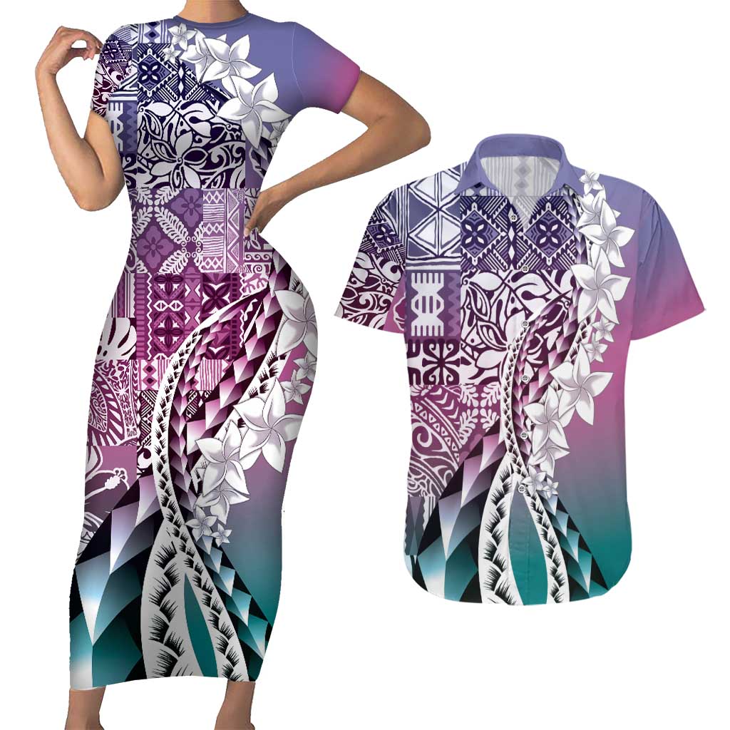 Aloha Vintage Plumeria Hawaiian Tapa Pattern Couples Matching Short Sleeve Bodycon Dress and Hawaiian Shirt Gradient Hawaiian Tapa Pattern - Polynesian Pride