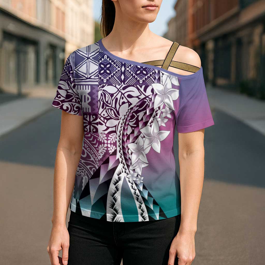 Aloha Vintage Plumeria Hawaiian Tapa Pattern Cross Shoulder Shirt Gradient Hawaiian Tapa Pattern - Polynesian Pride