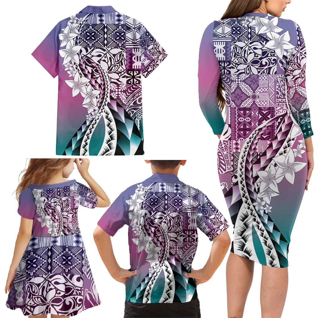Aloha Vintage Plumeria Hawaiian Tapa Pattern Family Matching Long Sleeve Bodycon Dress and Hawaiian Shirt Gradient Hawaiian Tapa Pattern LT9 - Polynesian Pride