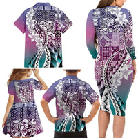 Aloha Vintage Plumeria Hawaiian Tapa Pattern Family Matching Long Sleeve Bodycon Dress and Hawaiian Shirt Gradient Hawaiian Tapa Pattern LT9 - Polynesian Pride
