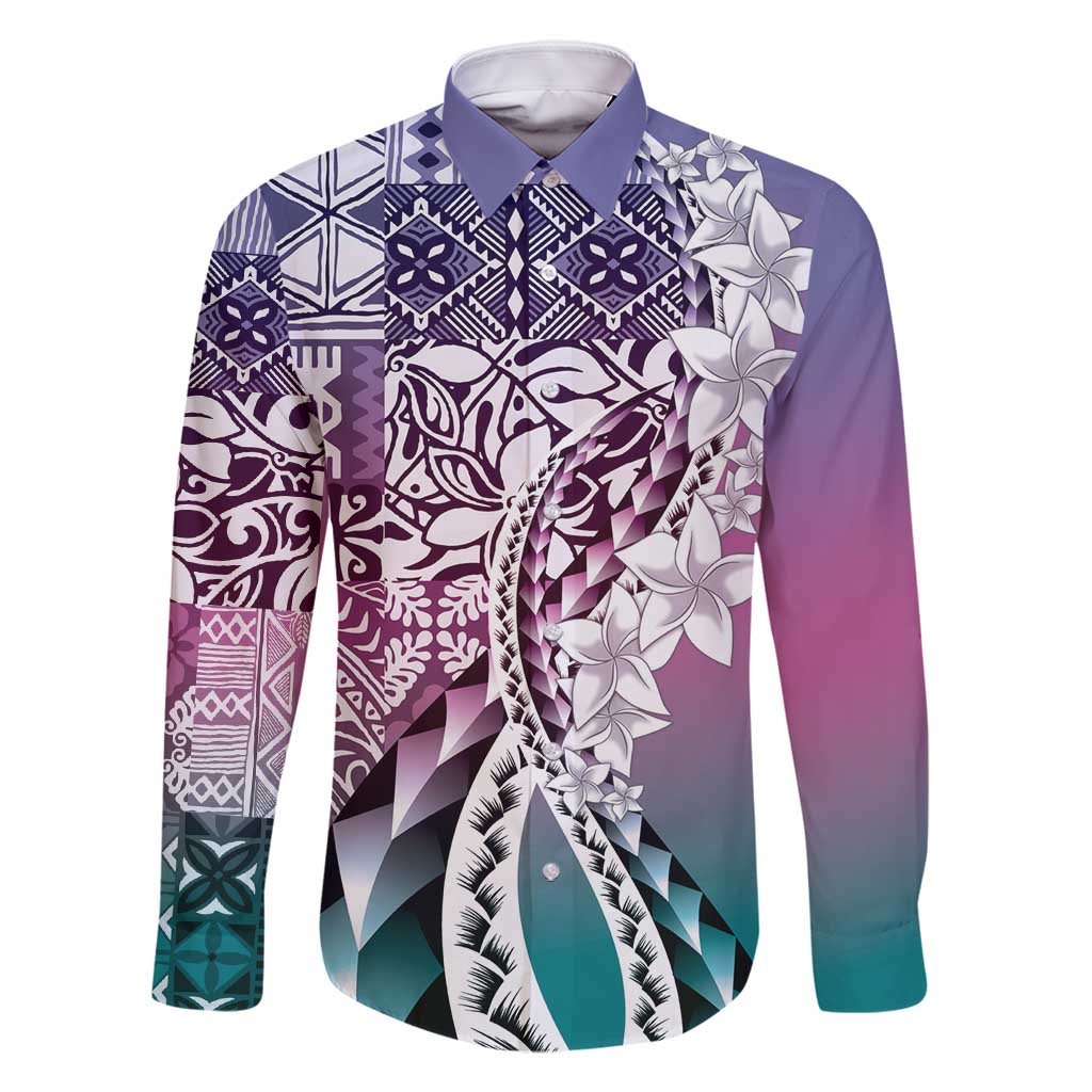 Aloha Vintage Plumeria Hawaiian Tapa Pattern Family Matching Long Sleeve Bodycon Dress and Hawaiian Shirt Gradient Hawaiian Tapa Pattern LT9 Dad's Shirt - Long Sleeve Gradient - Polynesian Pride