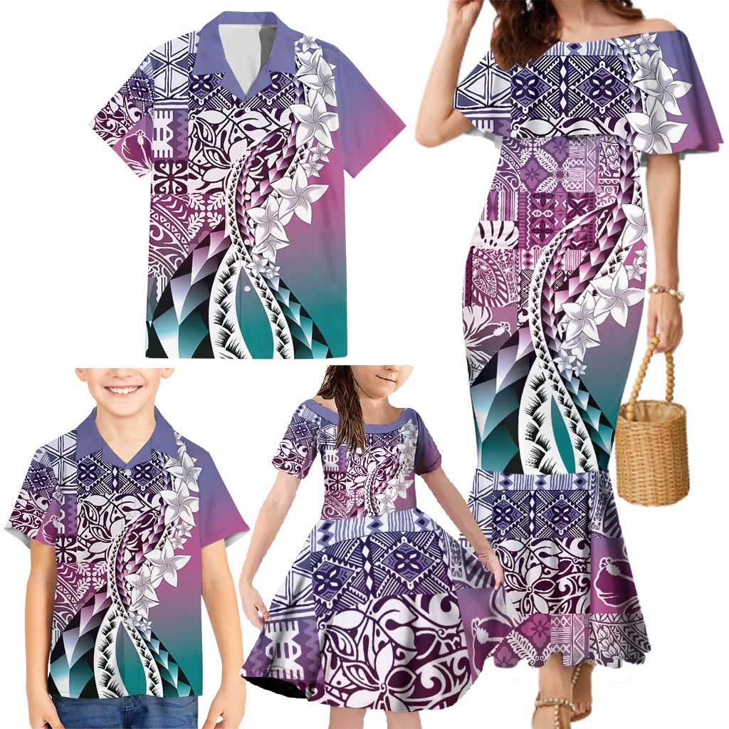 Aloha Vintage Plumeria Hawaiian Tapa Pattern Family Matching Mermaid Dress and Hawaiian Shirt Gradient Hawaiian Tapa Pattern LT9 - Polynesian Pride