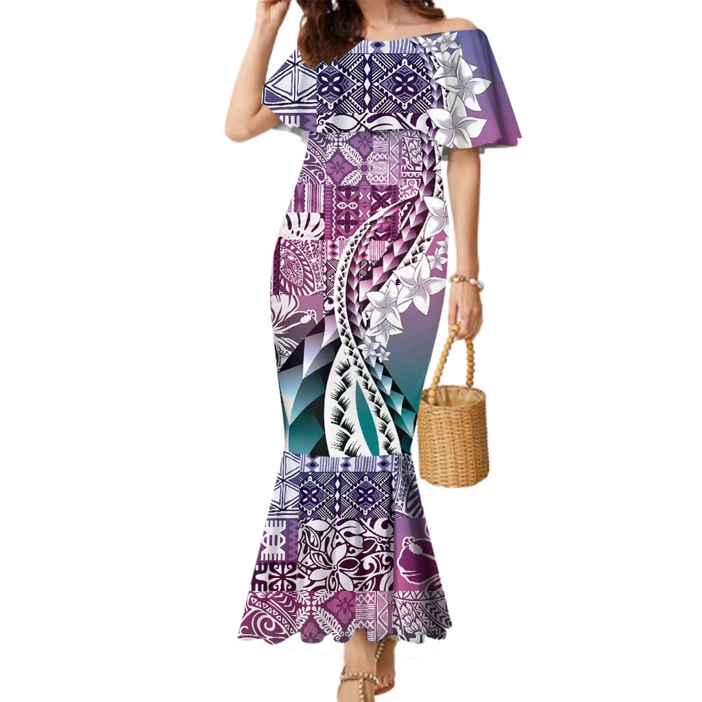Aloha Vintage Plumeria Hawaiian Tapa Pattern Family Matching Mermaid Dress and Hawaiian Shirt Gradient Hawaiian Tapa Pattern LT9 Mom's Dress Gradient - Polynesian Pride
