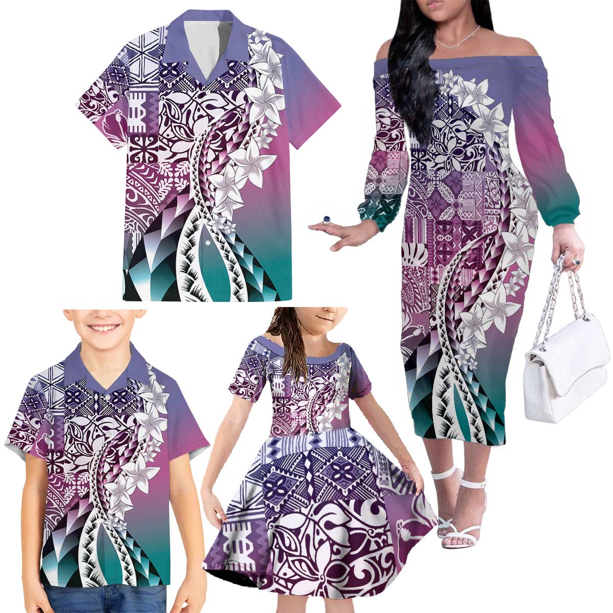 Aloha Vintage Plumeria Hawaiian Tapa Pattern Family Matching Off The Shoulder Long Sleeve Dress and Hawaiian Shirt Gradient Hawaiian Tapa Pattern LT9 - Polynesian Pride