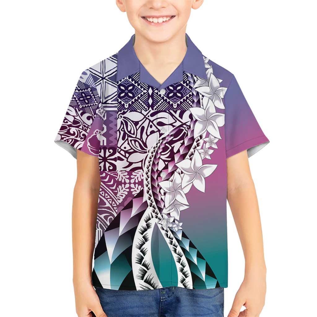 Aloha Vintage Plumeria Hawaiian Tapa Pattern Family Matching Off Shoulder Short Dress and Hawaiian Shirt Gradient Hawaiian Tapa Pattern - Polynesian Pride