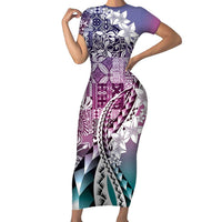 Aloha Vintage Plumeria Hawaiian Tapa Pattern Family Matching Short Sleeve Bodycon Dress and Hawaiian Shirt Gradient Hawaiian Tapa Pattern LT9 Mom's Dress Gradient - Polynesian Pride