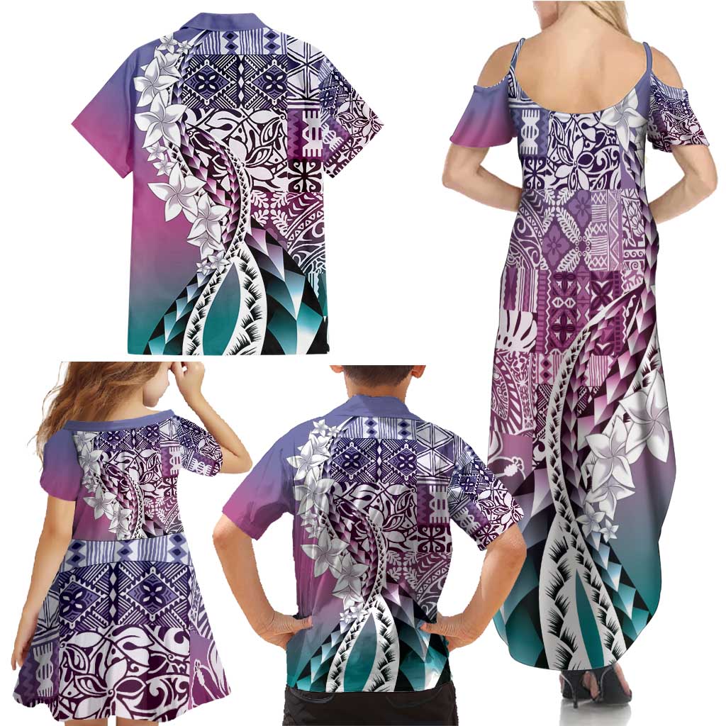 Aloha Vintage Plumeria Hawaiian Tapa Pattern Family Matching Summer Maxi Dress and Hawaiian Shirt Gradient Hawaiian Tapa Pattern - Polynesian Pride