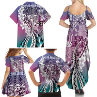 Aloha Vintage Plumeria Hawaiian Tapa Pattern Family Matching Summer Maxi Dress and Hawaiian Shirt Gradient Hawaiian Tapa Pattern - Polynesian Pride