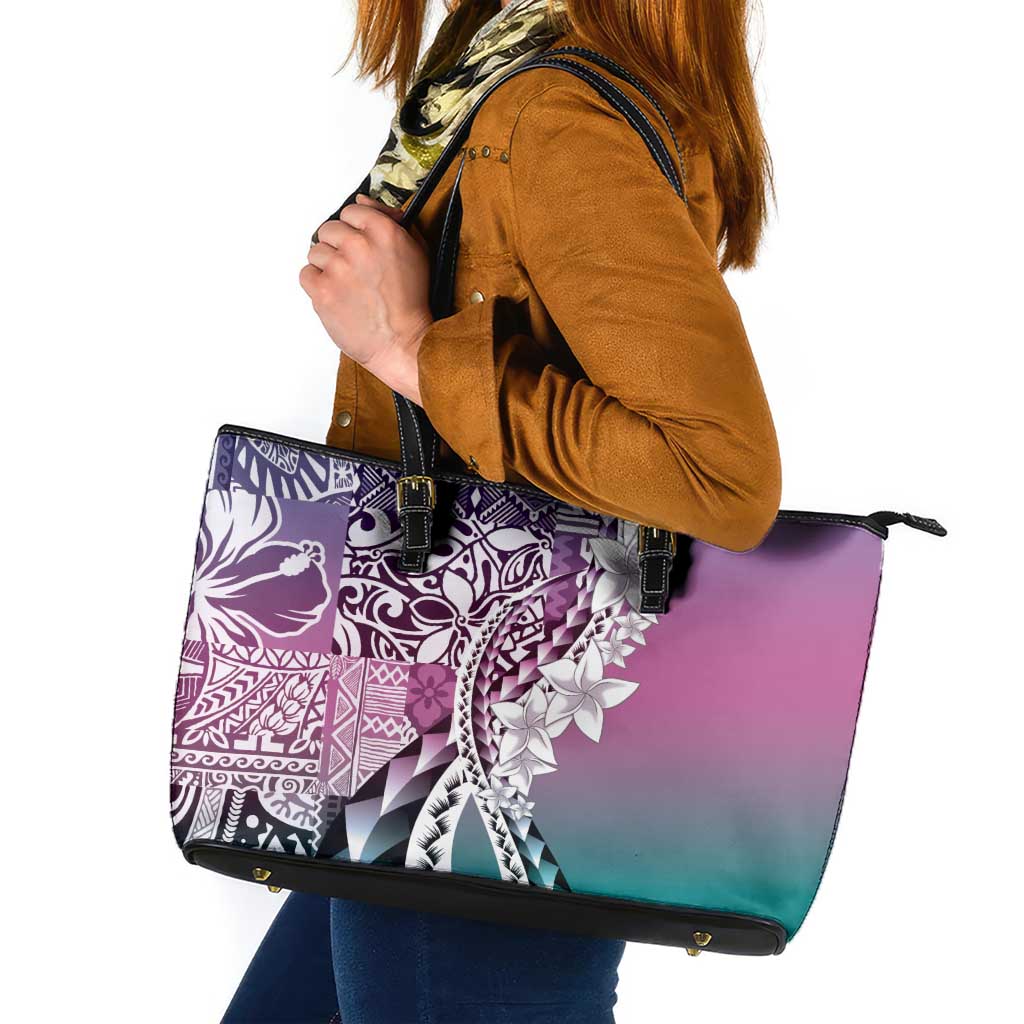 Aloha Vintage Plumeria Hawaiian Tapa Pattern Leather Tote Bag Gradient Hawaiian Tapa Pattern - Polynesian Pride