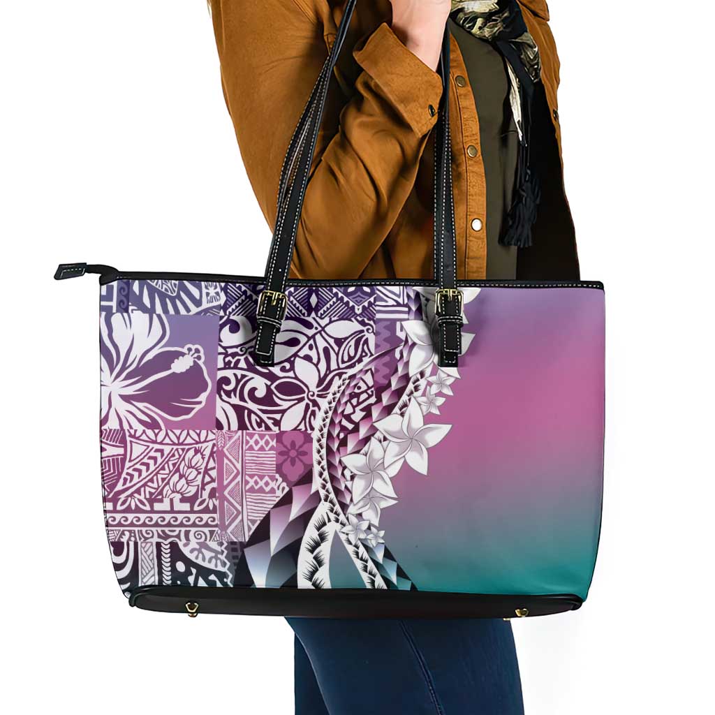 Aloha Vintage Plumeria Hawaiian Tapa Pattern Leather Tote Bag Gradient Hawaiian Tapa Pattern - Polynesian Pride
