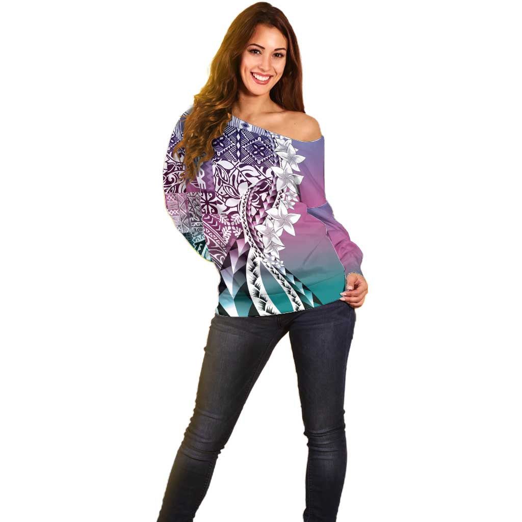 Aloha Vintage Plumeria Hawaiian Tapa Pattern Off Shoulder Sweater Gradient Hawaiian Tapa Pattern - Polynesian Pride