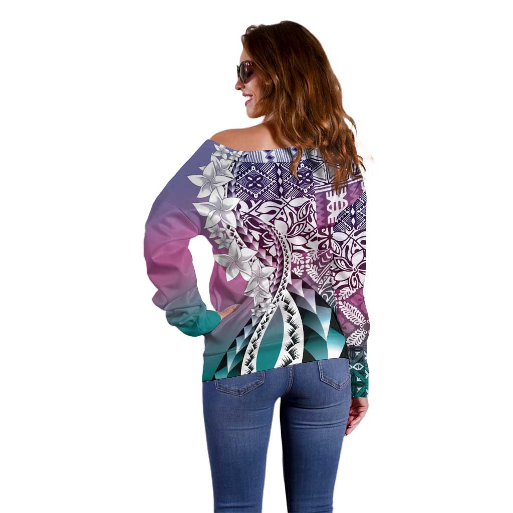Aloha Vintage Plumeria Hawaiian Tapa Pattern Off Shoulder Sweater Gradient Hawaiian Tapa Pattern - Polynesian Pride