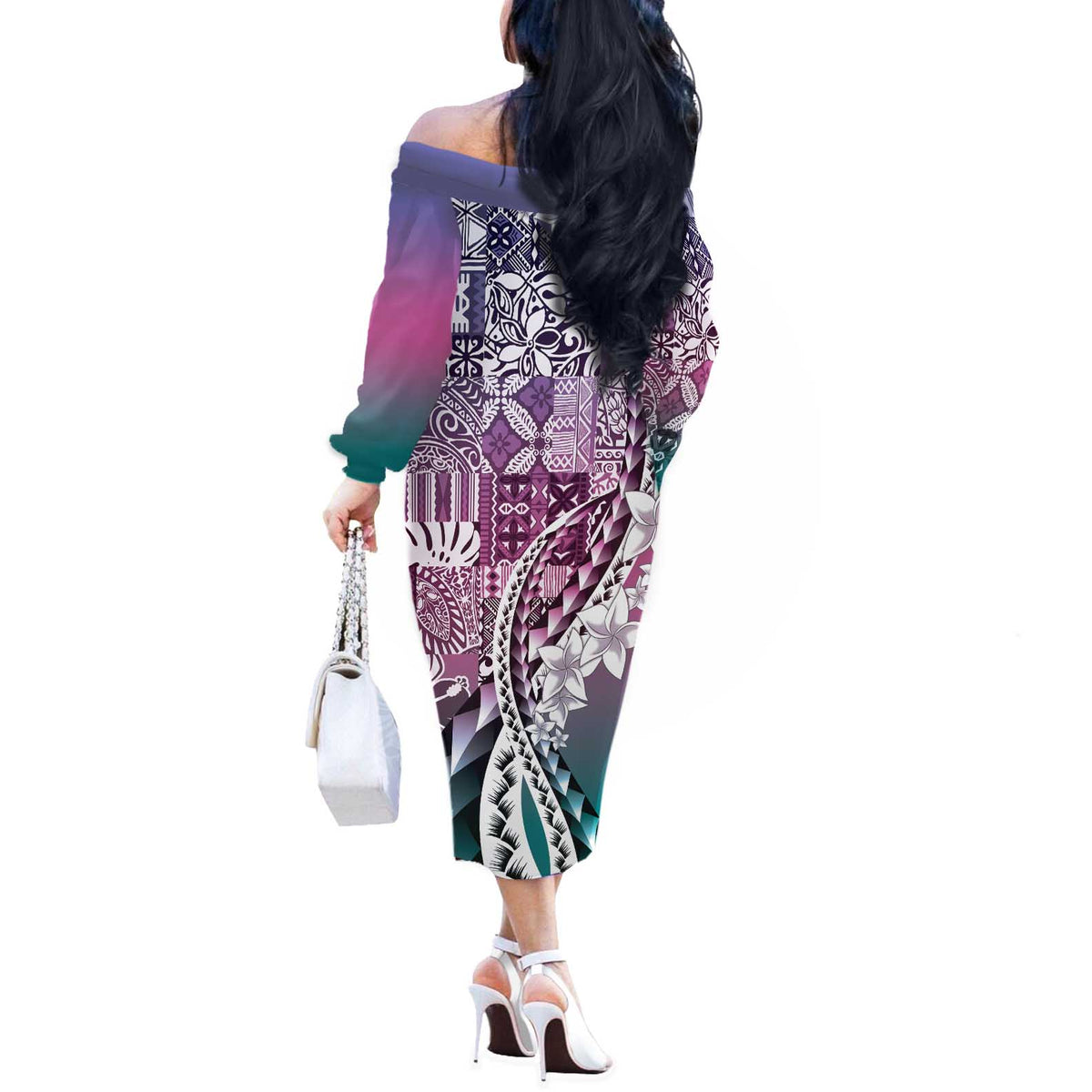 Aloha Vintage Plumeria Hawaiian Tapa Pattern Off The Shoulder Long Sleeve Dress Gradient Hawaiian Tapa Pattern - Polynesian Pride