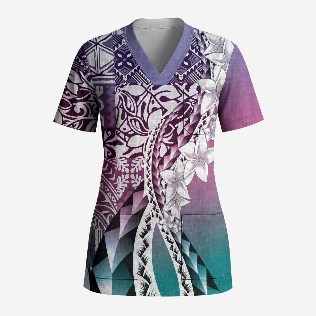Aloha Vintage Plumeria Hawaiian Tapa Pattern Scrub Top Gradient Hawaiian Tapa Pattern - Polynesian Pride