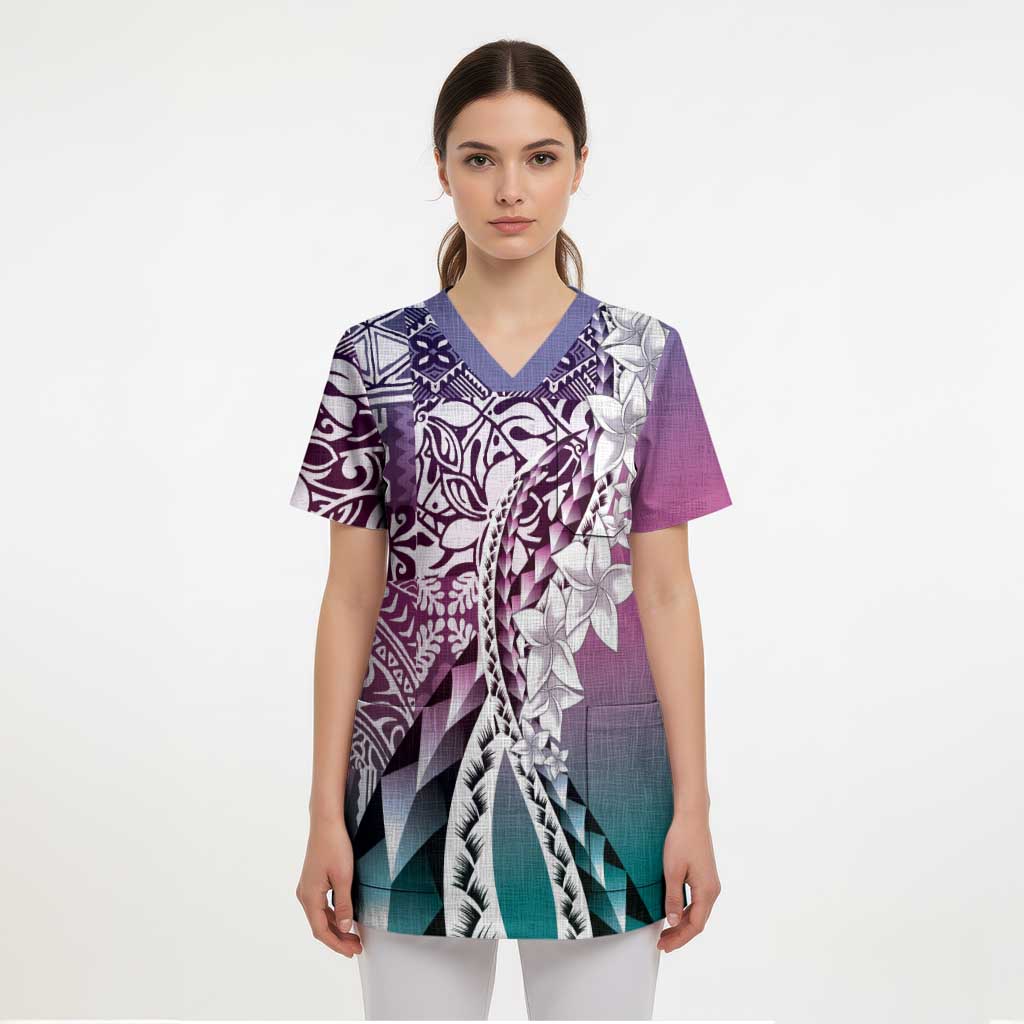 Aloha Vintage Plumeria Hawaiian Tapa Pattern Scrub Top Gradient Hawaiian Tapa Pattern - Polynesian Pride