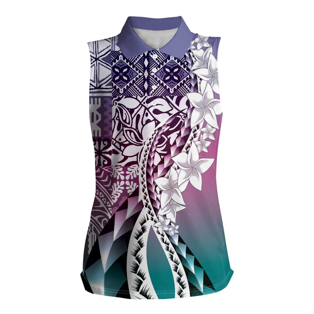 Aloha Vintage Plumeria Hawaiian Tapa Pattern Women Sleeveless Polo Shirt Gradient Hawaiian Tapa Pattern - Polynesian Pride