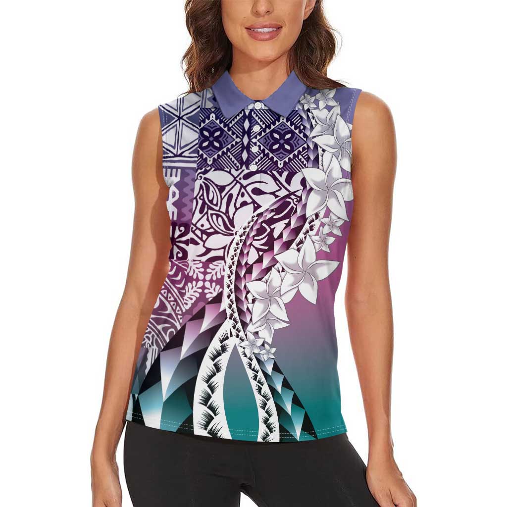 Aloha Vintage Plumeria Hawaiian Tapa Pattern Women Sleeveless Polo Shirt Gradient Hawaiian Tapa Pattern - Polynesian Pride