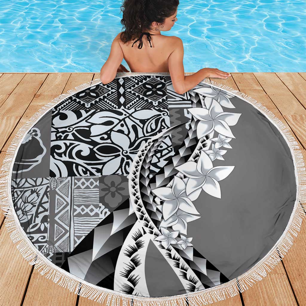 Aloha Vintage Plumeria Hawaiian Tapa Pattern Beach Blanket Gray Hawaiian Tapa Pattern - Polynesian Pride