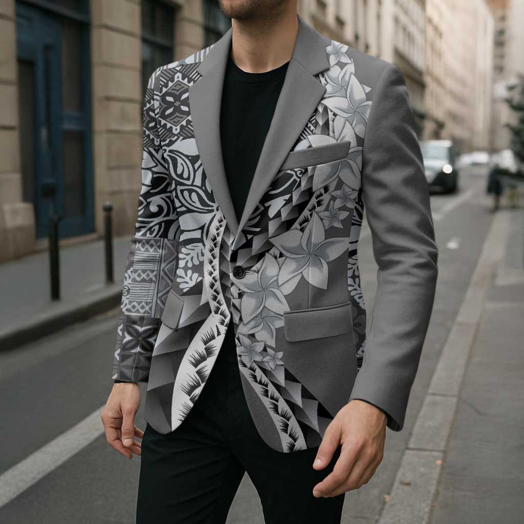 Aloha Vintage Plumeria Hawaiian Tapa Pattern Blazer Gray Hawaiian Tapa Pattern - Polynesian Pride