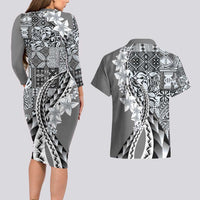 Aloha Vintage Plumeria Hawaiian Tapa Pattern Couples Matching Long Sleeve Bodycon Dress and Hawaiian Shirt Gray Hawaiian Tapa Pattern LT9 - Polynesian Pride