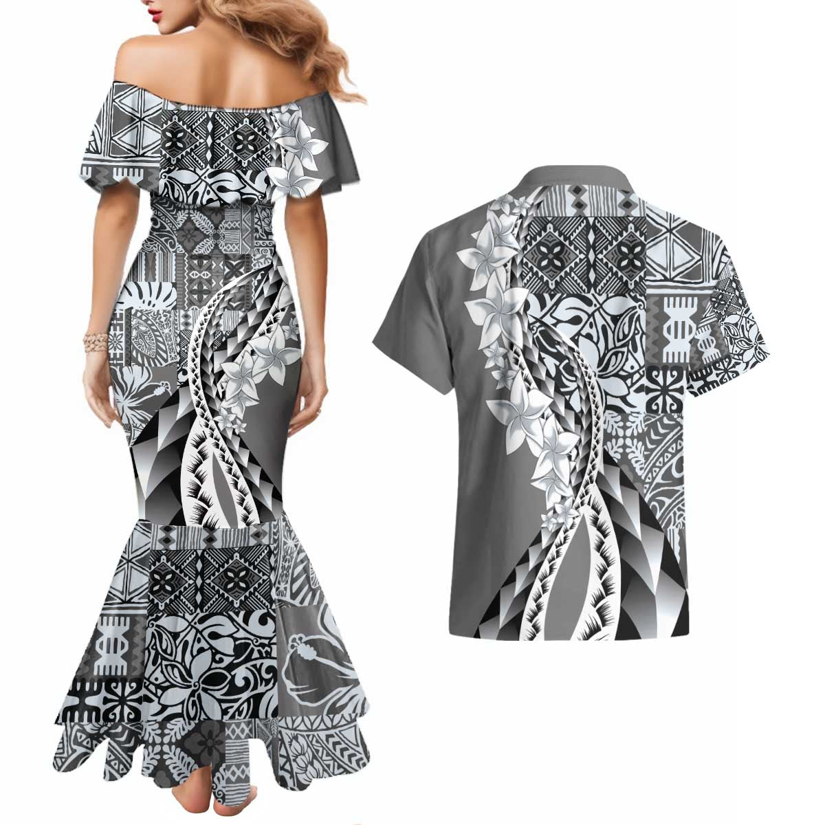 Aloha Vintage Plumeria Hawaiian Tapa Pattern Couples Matching Mermaid Dress and Hawaiian Shirt Gray Hawaiian Tapa Pattern - Polynesian Pride