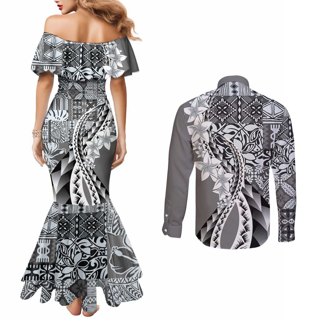Aloha Vintage Plumeria Hawaiian Tapa Pattern Couples Matching Mermaid Dress and Long Sleeve Button Shirt Gray Hawaiian Tapa Pattern - Polynesian Pride
