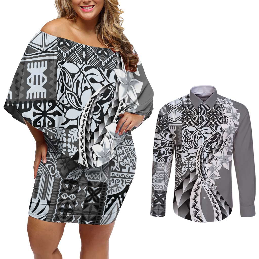 Aloha Vintage Plumeria Hawaiian Tapa Pattern Couples Matching Off Shoulder Short Dress and Long Sleeve Button Shirt Gray Hawaiian Tapa Pattern - Polynesian Pride