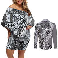 Aloha Vintage Plumeria Hawaiian Tapa Pattern Couples Matching Off Shoulder Short Dress and Long Sleeve Button Shirt Gray Hawaiian Tapa Pattern - Polynesian Pride