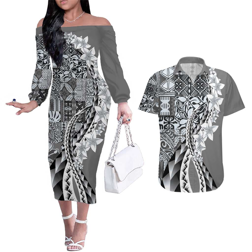 Aloha Vintage Plumeria Hawaiian Tapa Pattern Couples Matching Off The Shoulder Long Sleeve Dress and Hawaiian Shirt Gray Hawaiian Tapa Pattern LT9 Gray - Polynesian Pride
