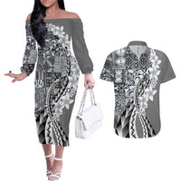 Aloha Vintage Plumeria Hawaiian Tapa Pattern Couples Matching Off The Shoulder Long Sleeve Dress and Hawaiian Shirt Gray Hawaiian Tapa Pattern LT9 Gray - Polynesian Pride